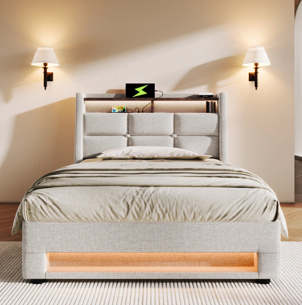 Letto imbottito singolo 90x200 cm beige con LED, USB e contenitore