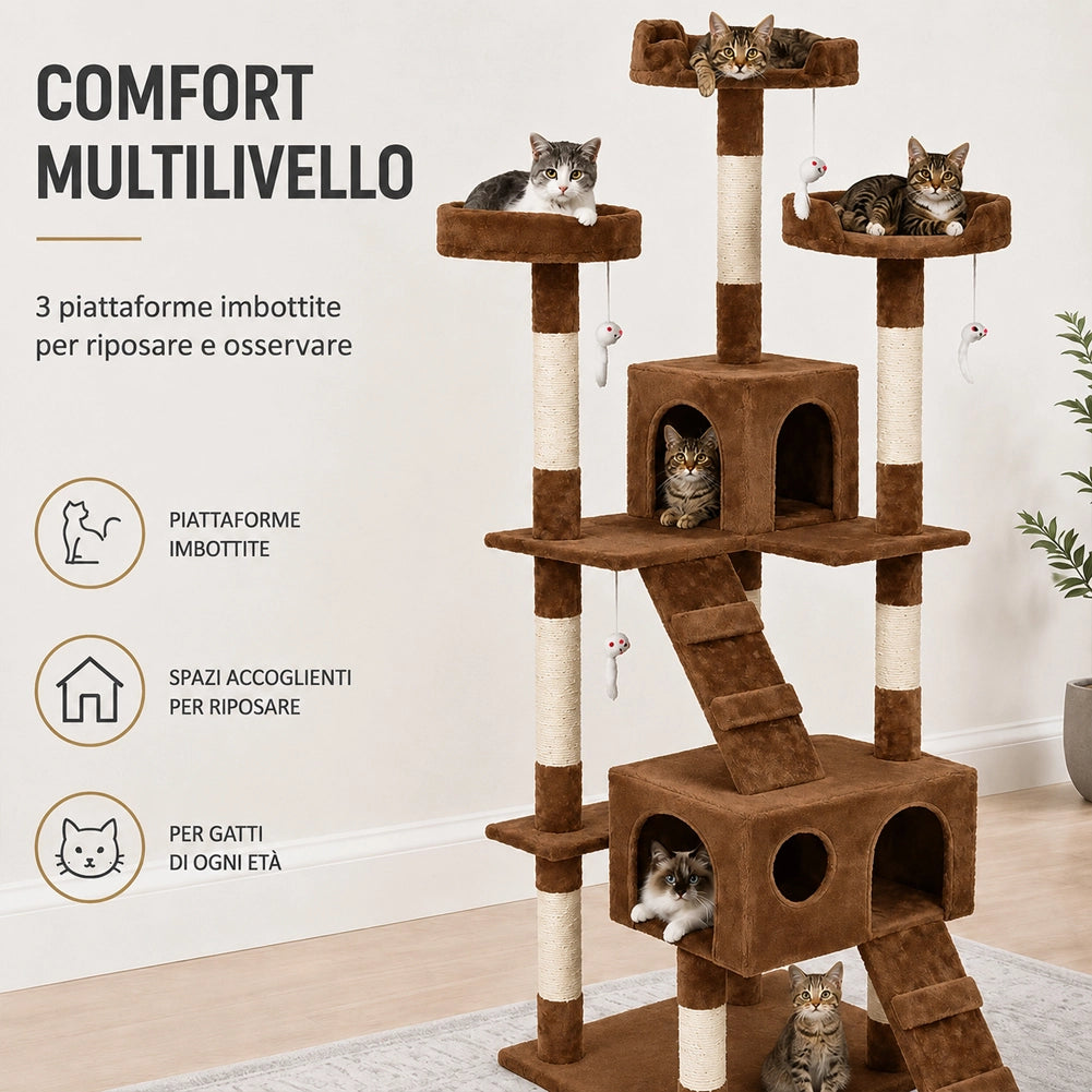 Tiragraffi per Gatti Albero Sisal Parco Giochi Gatto Tira Graffi 170cm Marrone