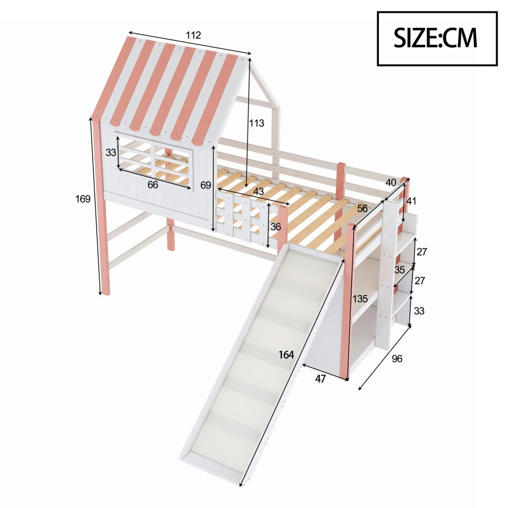 DESMIU Letto a soppalco per bambini 1 posto con scivolo, scala e ripiani 90 × 200 cm, senza materasso