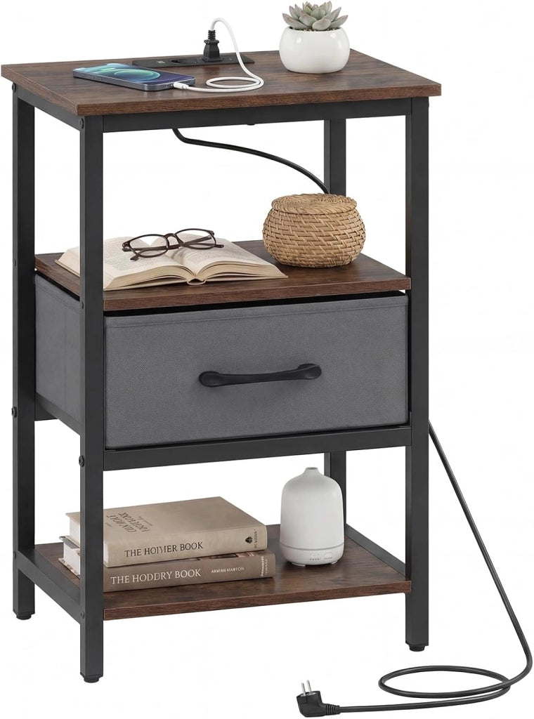 Comodino Camera da Letto con Stazione di Ricarica, 1 Cassetto, 3 Ripiani, Tavolino Laterale da Salotto, Mobiletto Moderno, Salvaspazio, in Legno e Metallo, 40 x 30 x 61 cm, Marrone /Bianco (Bianco)