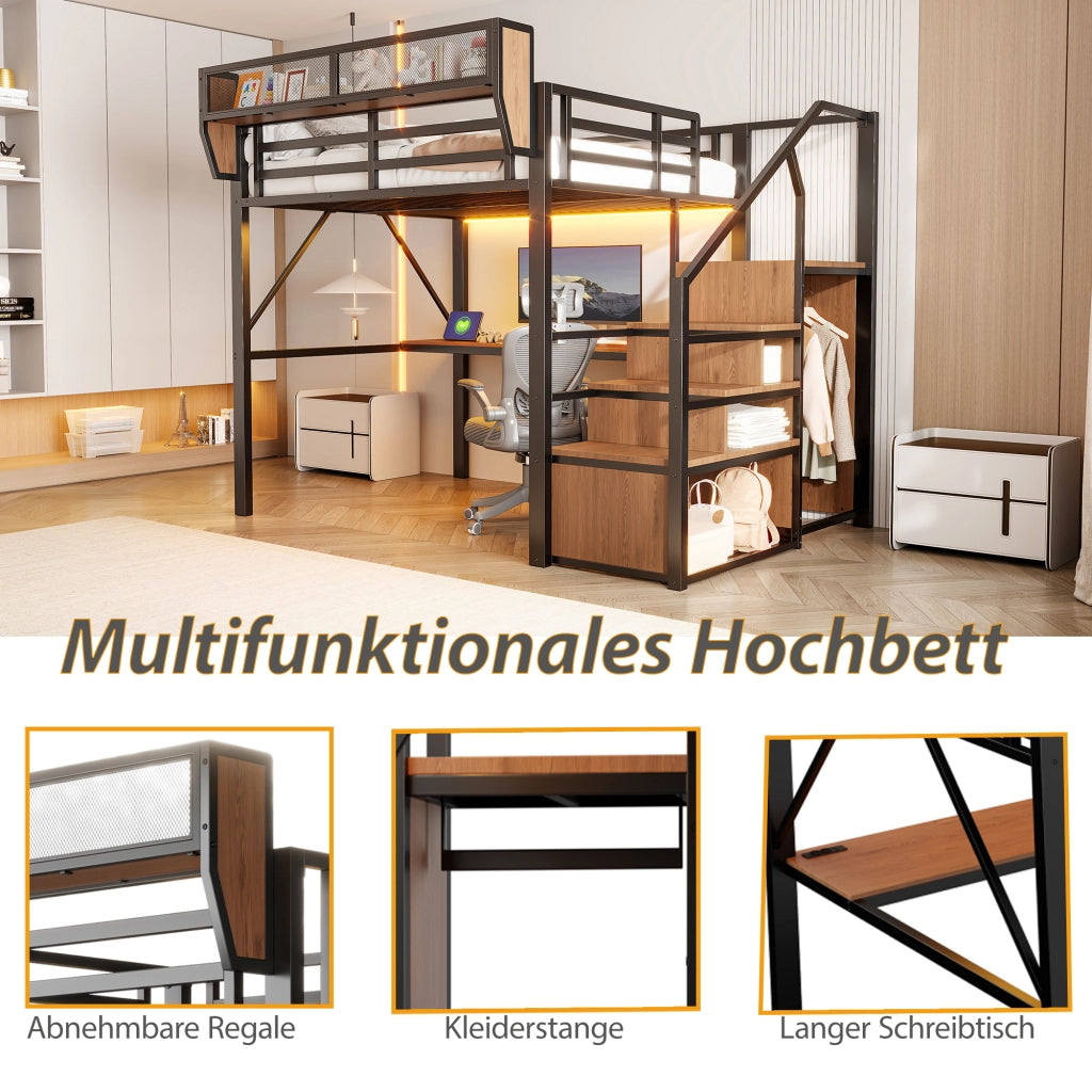 Letto a soppalco 140 × 200 cm con scrivania lunga, LED, scaffale regolabile et scala di sicurezza, senza materasso