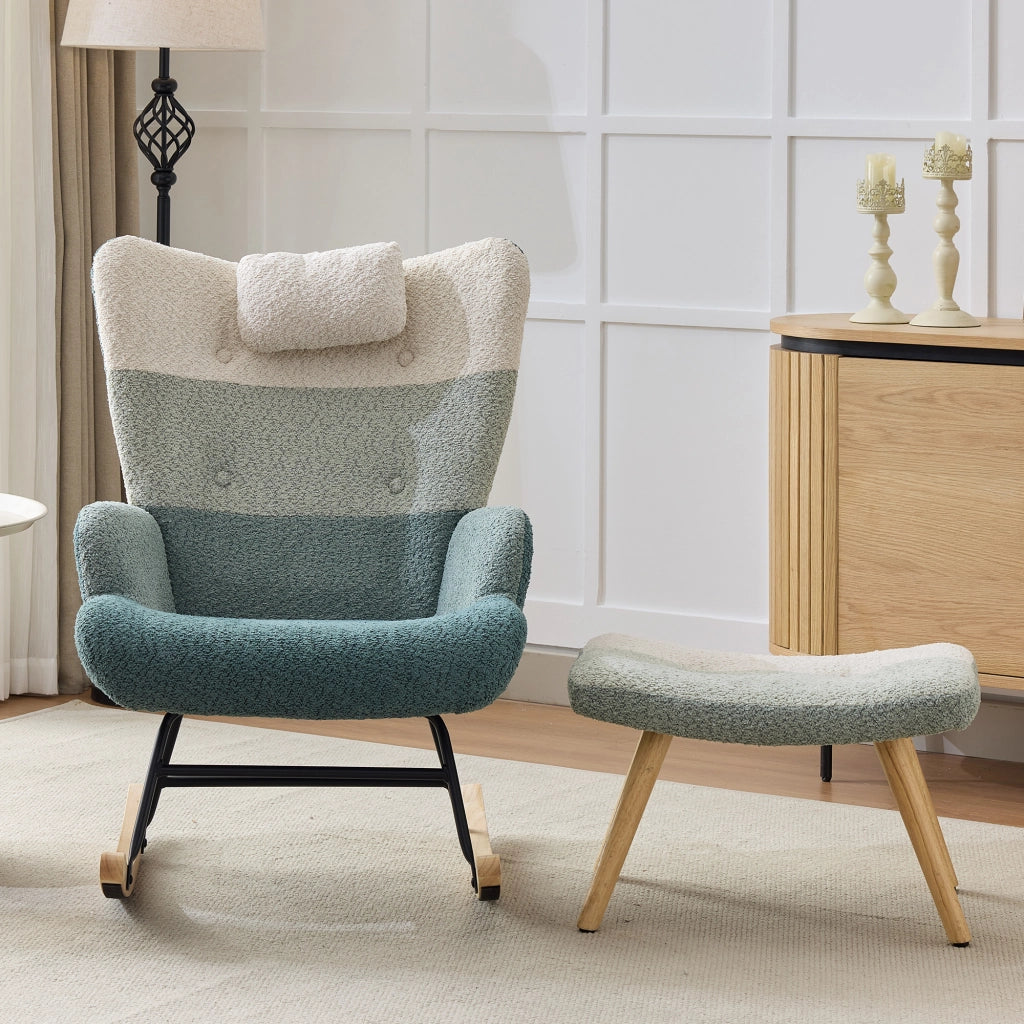 Sedia a Dondolo Patchwork in Boucle con Poggiapiedi