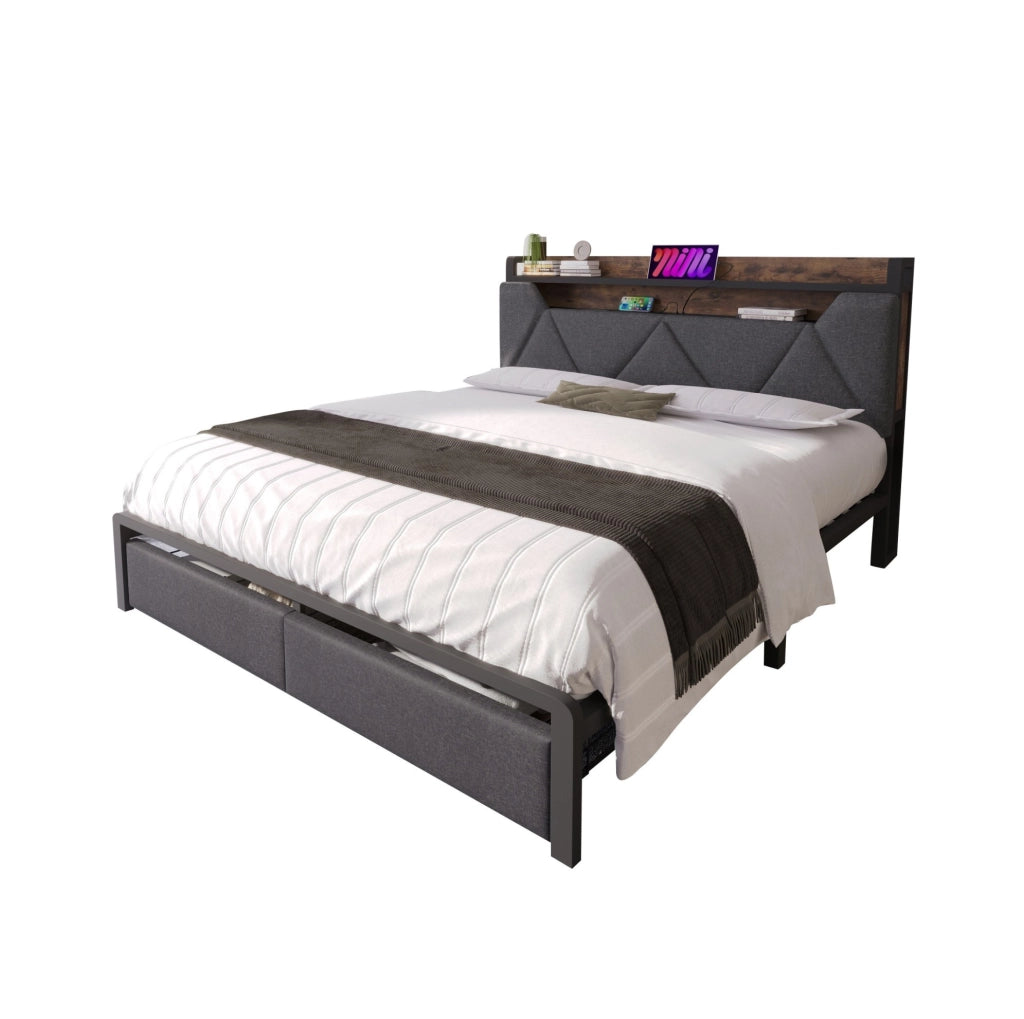 Letto 160x200 cm con testiera contenitore; USB C; LED e 2 cassetti; grigio