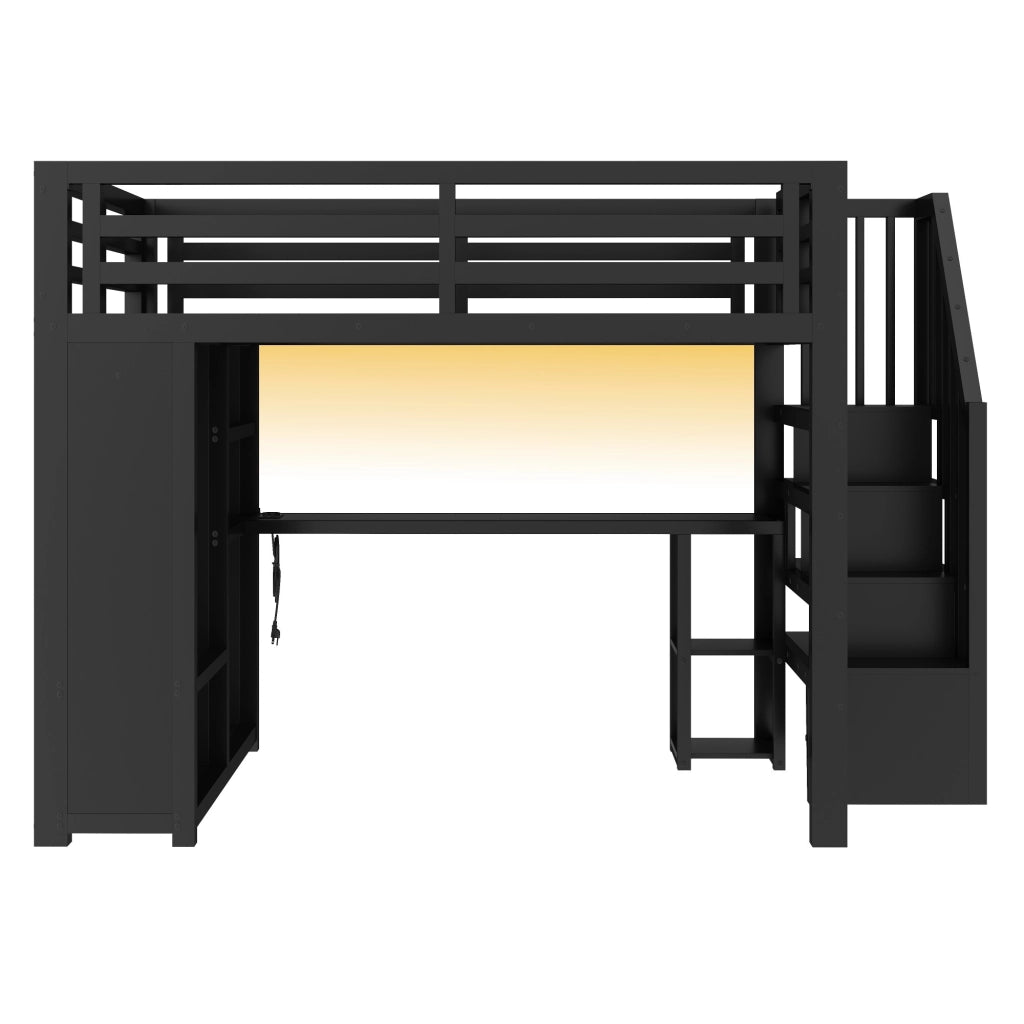 Letto a Soppalco 140x200 cm; Letto Matrimoniale - Scrivania; LED - in Metallo - Nero
