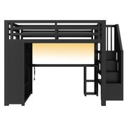 Letto a Soppalco 140x200 cm; Letto Matrimoniale - Scrivania; LED - in Metallo - Nero