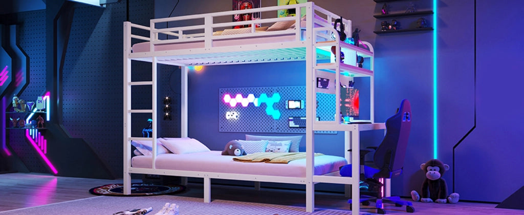 Letto a castello 90 × 200 cm con scrivania, ripiani, LED, USB, barriere di sicurezza, senza materasso, bianco