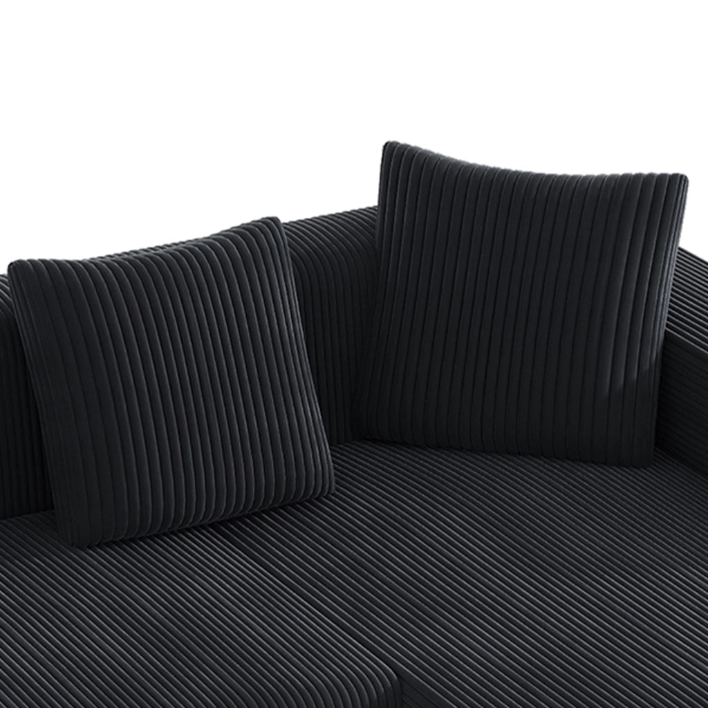 Divano modulare a L con chaise longue 261x146x65 cm in velluto a coste nero con 4 cuscini