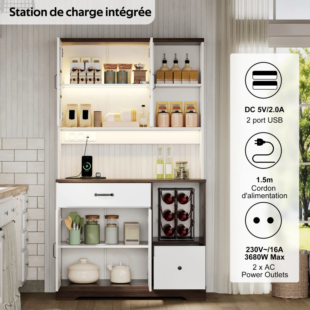 Credenza alta da cucina con LED, prese e ripiani regolabili, ante in vetro per cucina e soggiorno 105 × 40 × 185 cm