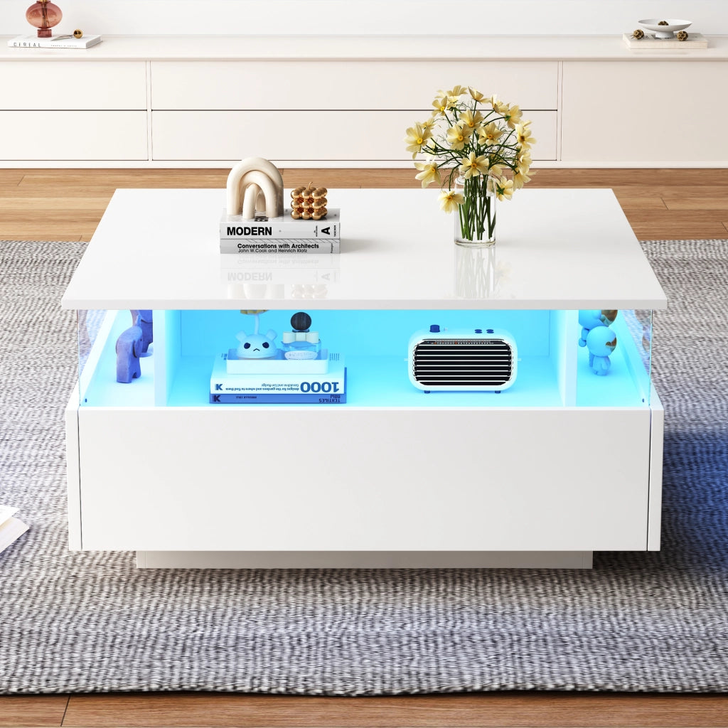 TAVOLO da caffè LED 70x70x41 cm Bianco lucido con 2 cassetti