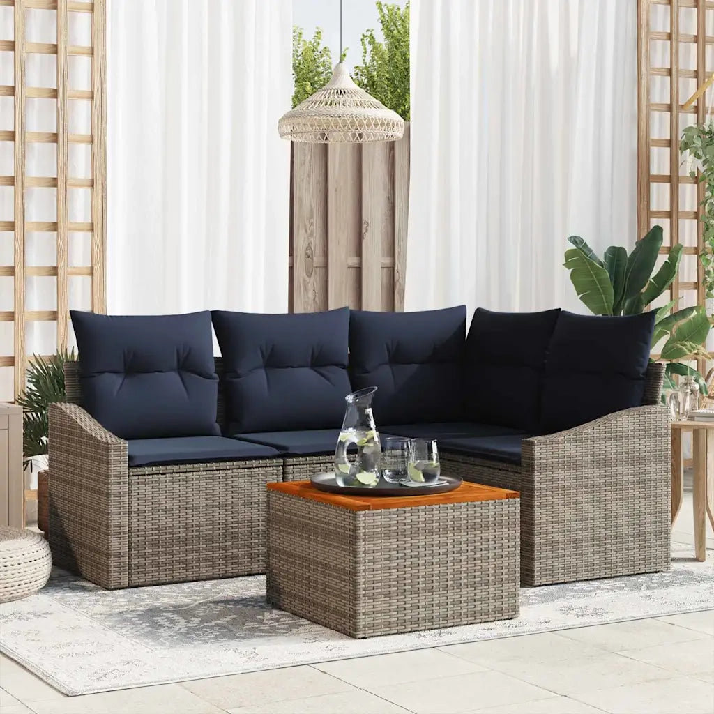 Set Divano da Giardino 5 pcs Grigio e Blu Navy polyrattan