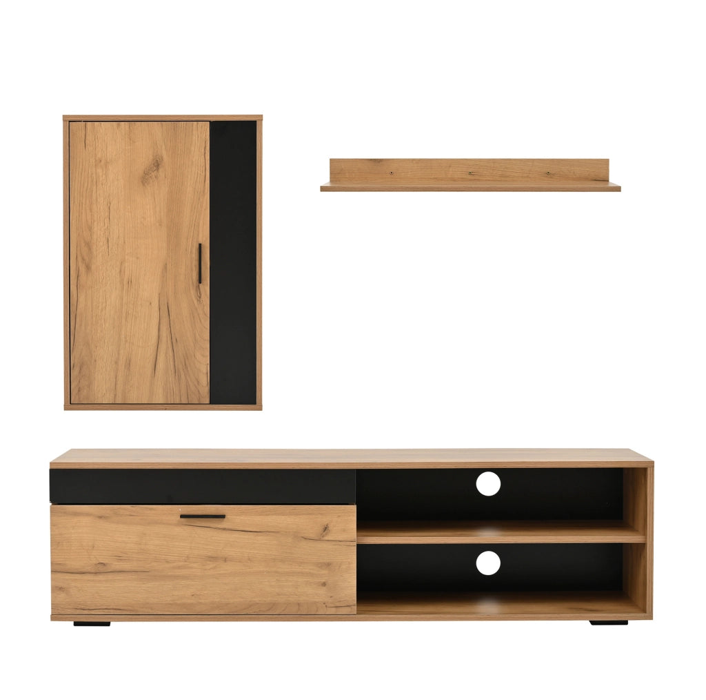 Set mobile TV da parete 3 pezzi 140 cm in truciolare effetto legno e nero