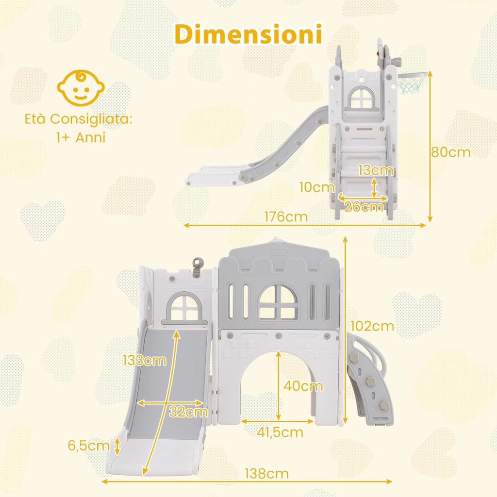 Scivolo per Bambini 9 in 1, Set da Gioco con Canestro da Basket, Telescopio, Volante, Corridoio, Tunnel e Spazio di Archiviazione, Scivolo da Interno ed Esterno per 1+ Anni (Grigio+Bianco)