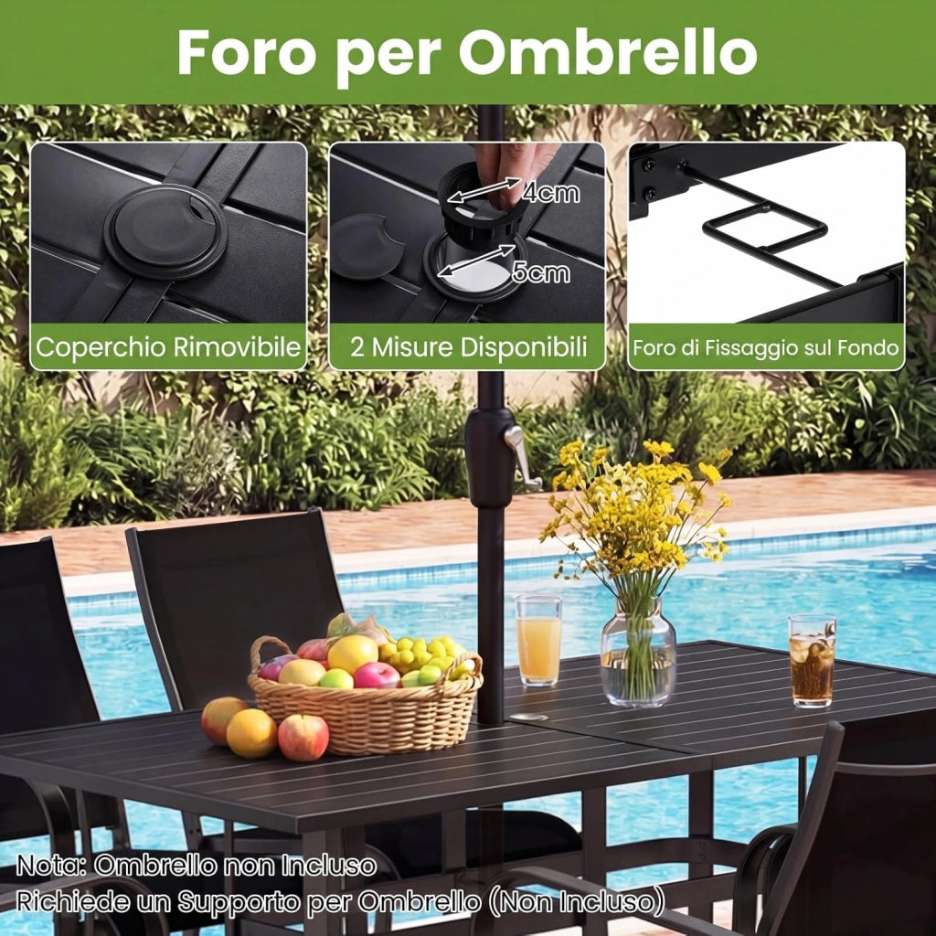 Tavolo da Giardino a 6 Posti in Metallo, Tavolo Esterno con Fori di Ombrellone, 160 x 84 x 73 cm, per Balcone, Terrazzo, Campeggio, Pranzo, Rettangolare, Resistente, Portata 150 kg