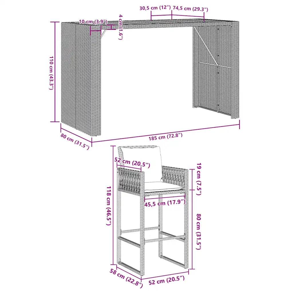 Set Bar da Giardino 7 pz con Cuscini Grigio Polyrattan Acacia 3328904