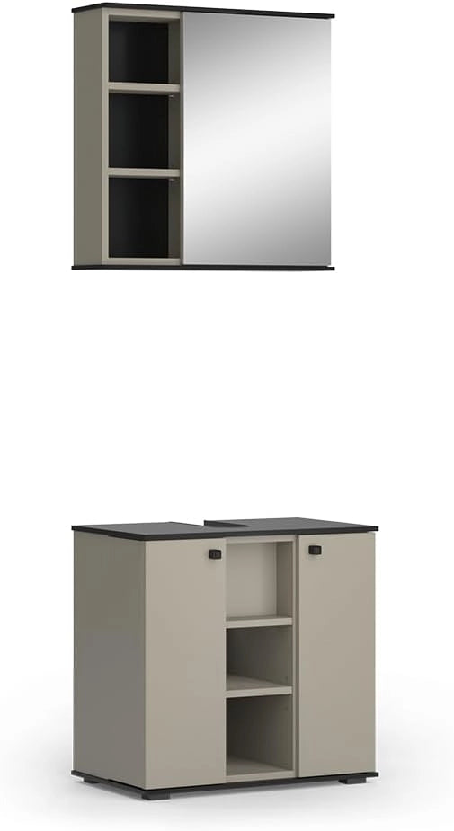Set di mobili da bagno Joli, Grigio, 60 cm, composto da mobile sottolavabo, specchiera e colonna alta