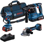 Kit 3 utensili BOSCH 18V Trapano avvitatore GSR18V-55 + Perforatore GHB18V-22 + Smerigliatrice GWS18V-7 + 3 batterie 18V - 4 + Caricatore GAL 18V-40 + Borsa
