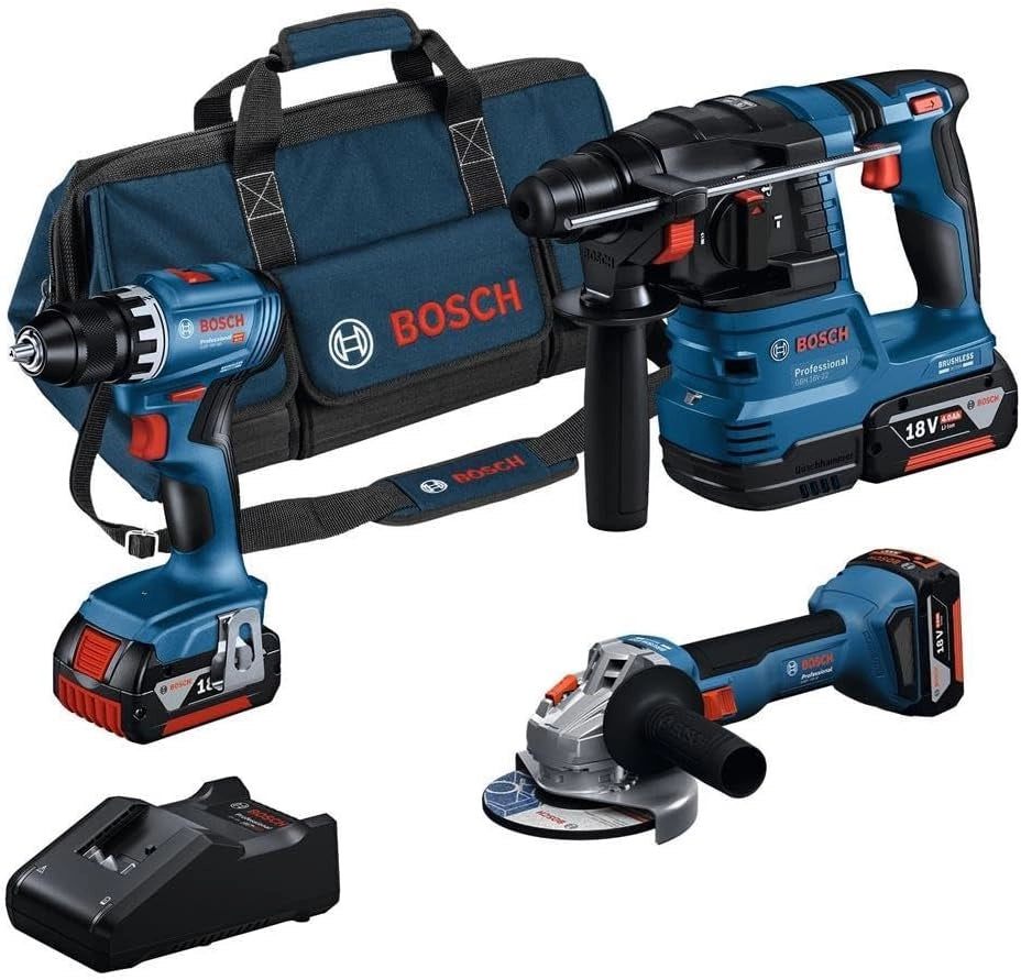 Kit 3 utensili BOSCH 18V Trapano avvitatore GSR18V-55 + Perforatore GHB18V-22 + Smerigliatrice GWS18V-7 + 3 batterie 18V - 4 + Caricatore GAL 18V-40 + Borsa