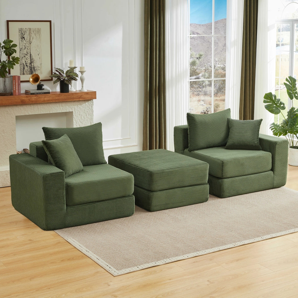 Divano modulare convertibile in letto con base antiscivolo e rivestimento in velluto a coste verde 259,5 × 96 × 80 cm