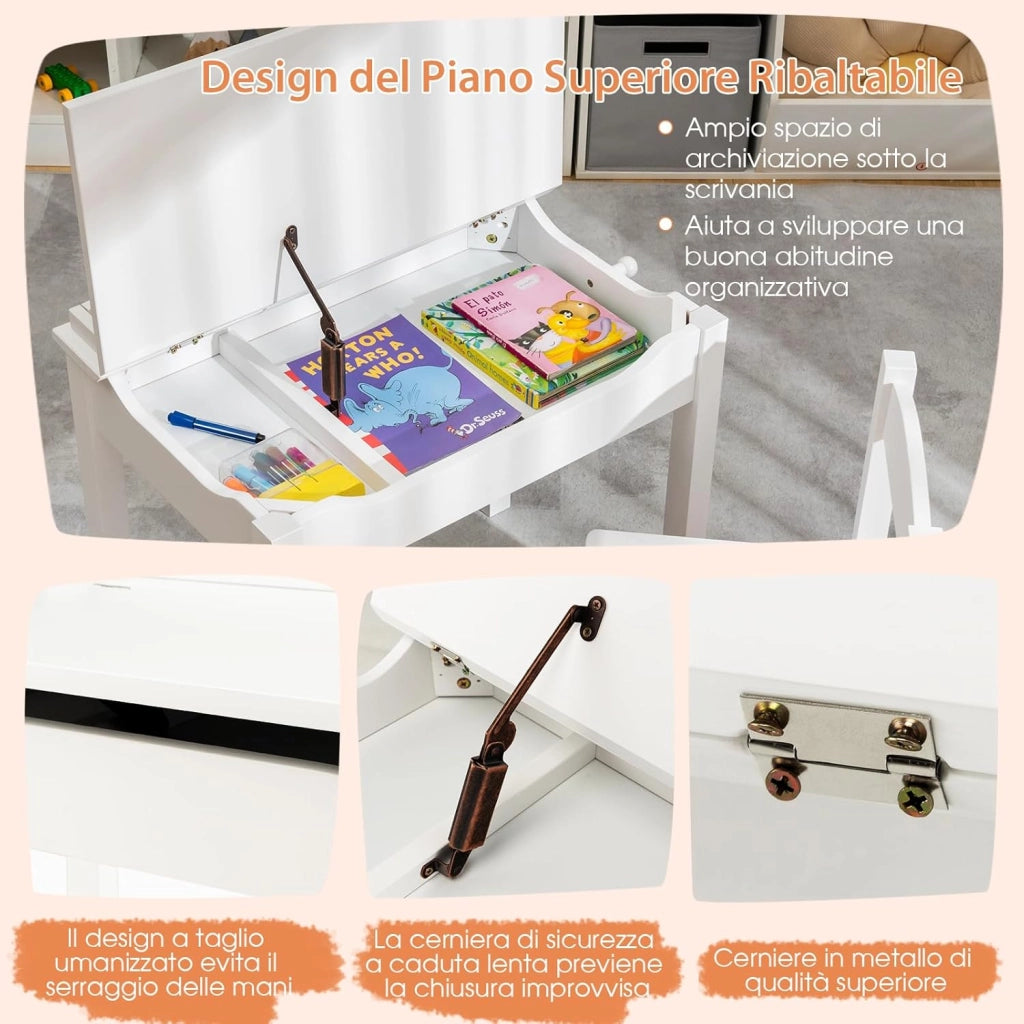 Set Tavolo e Sedia per Bambini, Scrivania Ribaltabile con Sedia per Bambini in Legno, con Cassetto e Gancio Estraibile, Bianco/Naturale (Bianco)
