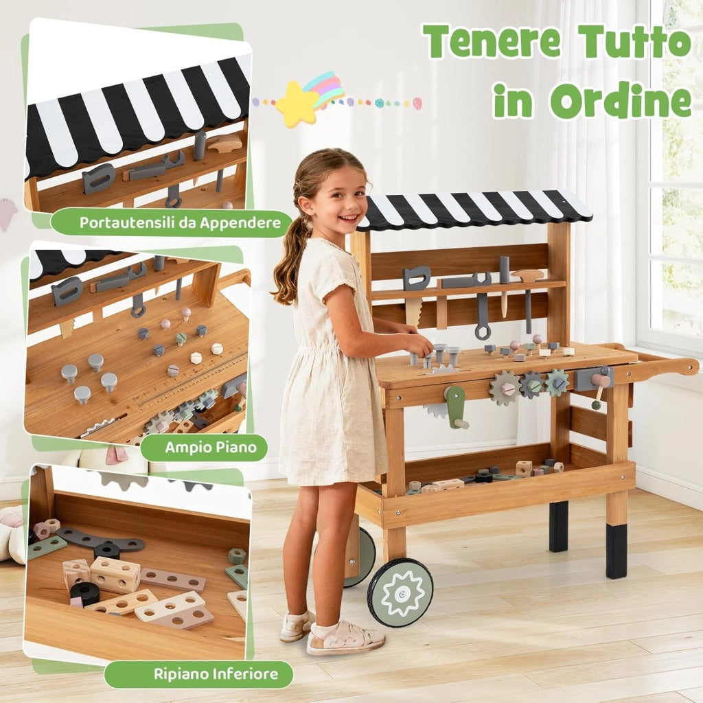 Banco da Lavoro in Legno per Bambini, Carrello 2 in 1 con Accessori Realistici, Maniglia Portatile, Cappottina Superiore e Porta Attrezzi, Tavolo da Lavoro Giocattolo Officina 3+ Anni
