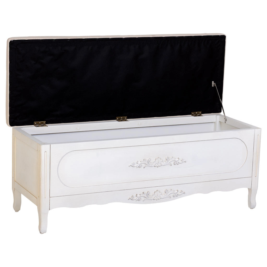 Sgabello imbottito in legno laccato bianco antico 120x43x48h cm