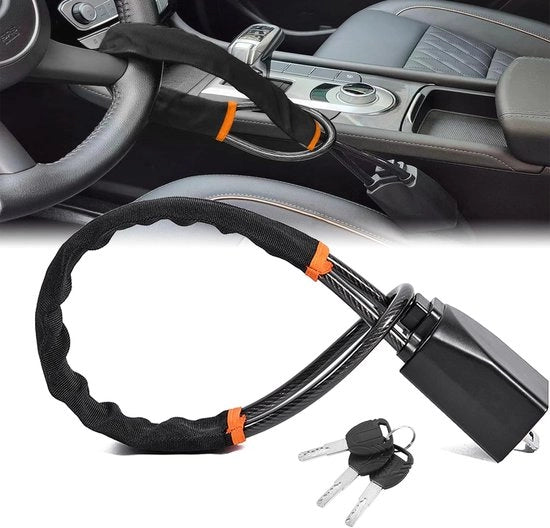 Sistema di bloccaggio del volante e cinturino - 17 pollici (circa 43,2 cm) dispositivo antifurto universale per auto, SUV e carrelli per golf | Bloccante di sicurezza compatto e leggero con chiave multifunzionale (nero)