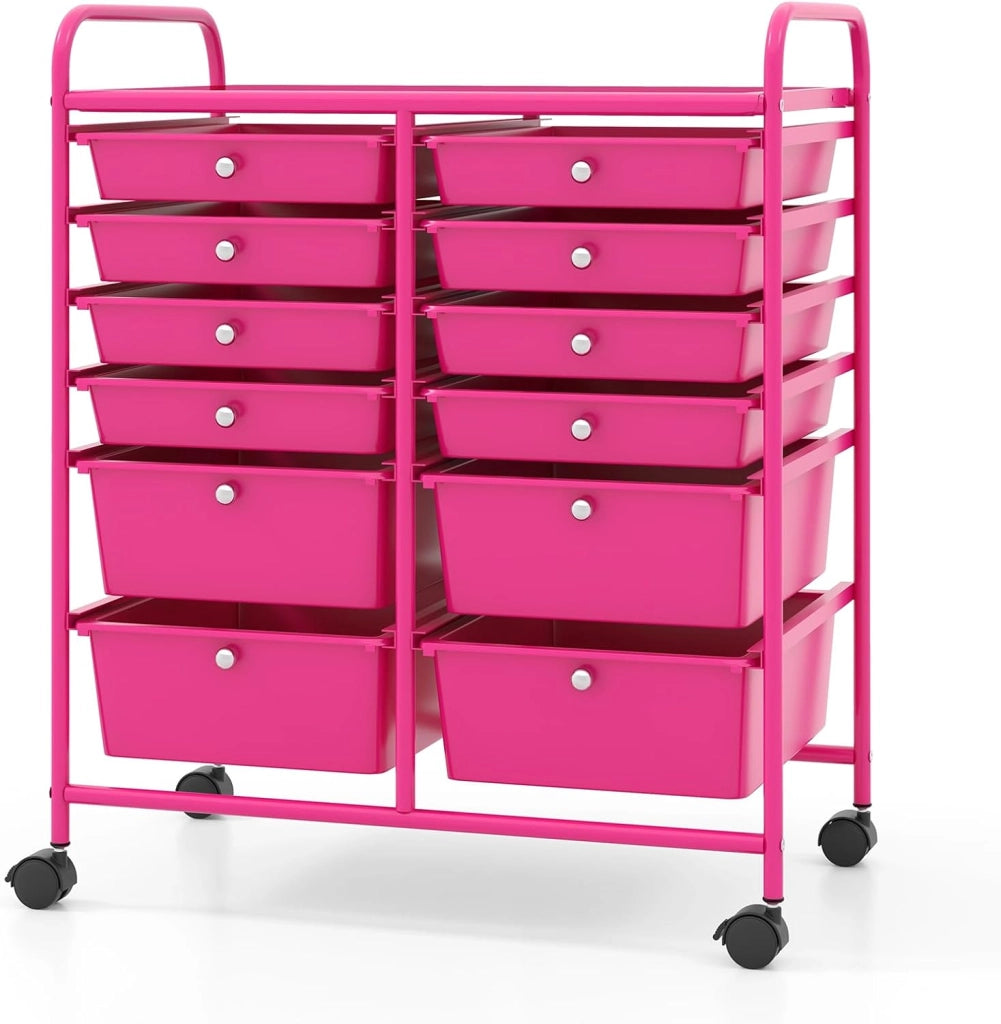 Carrello con 12 cassetti, impilabile, carrello per cassetti, carrello da cucina, con ruote bloccabili, carrello per cucina, bagno, ufficio, 64 x 38 x 75 cm (rosa)