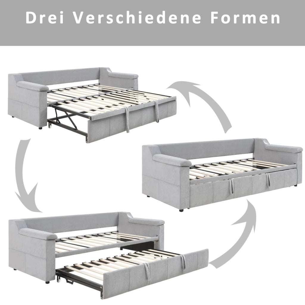 Letto imbottito salvaspazio 90×190 cm e 180×190 cm con USB; ripiani e Bluetooth; senza materasso; grigio chiaro