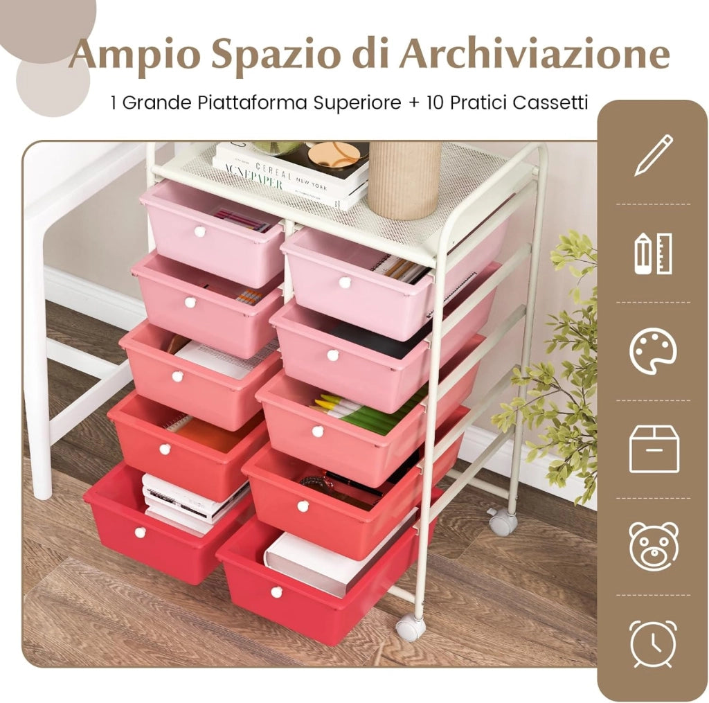 Carrello a 10 Cassetti con Ruote, Carrello di Stoccaggio con Stabilità Elevata, Carrello Multiuso per Casa Ufficio e Scuola, 65,5 x 37 x 87 cm (Sfumatura rosa)