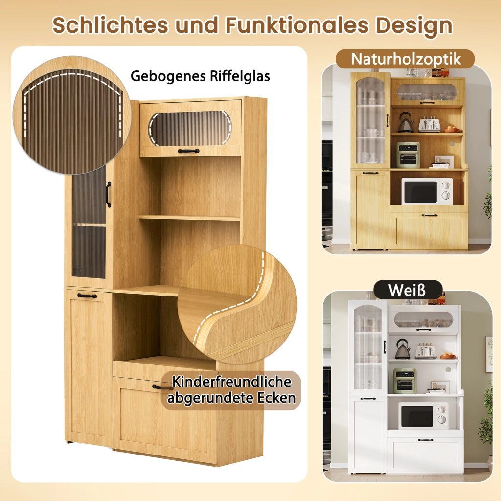 Credenza alta con ripiani regolabili e cassetto, ante in vetro rigato per cucina, in MDF naturale, 98 × 40 × 177 cm