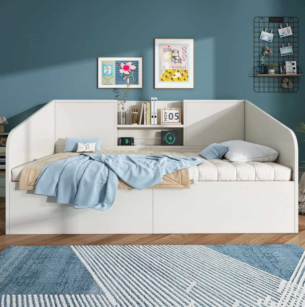 Divano letto contenitore idraulico bianco con USB e vano portaoggetti
