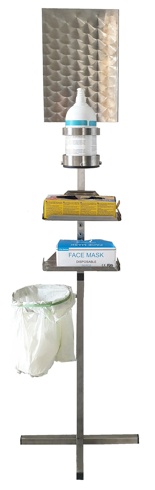 Piantana con Dispenser Igienizzante per Mani 2 Ripiani e Supporto Sacchetto in Acciaio Rocila