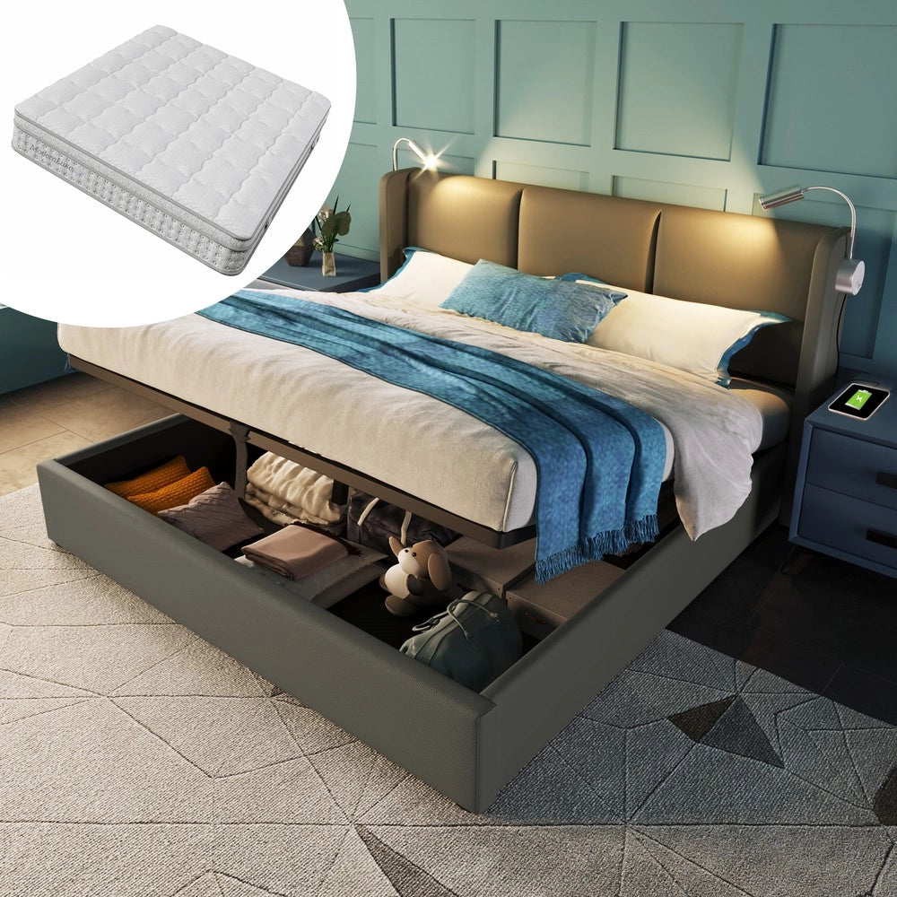 Letto Contenitore Imbottito Matrimoniale con Luce LED e Ricarica ¨C MINIMAL ¨C 160x200, PU