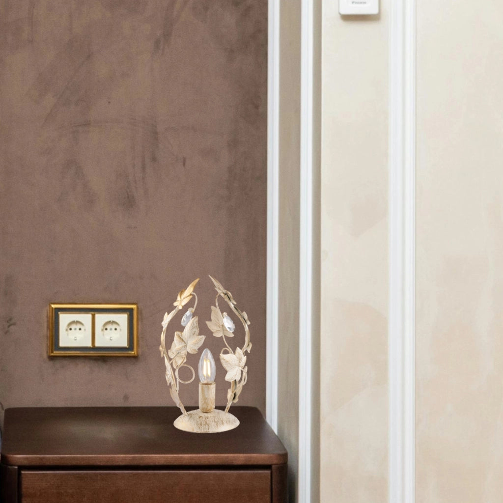 Lumetto Shabby Edera 1 Luce Ferro Battuto Avorio E Oro Con Foglie E Cristalli