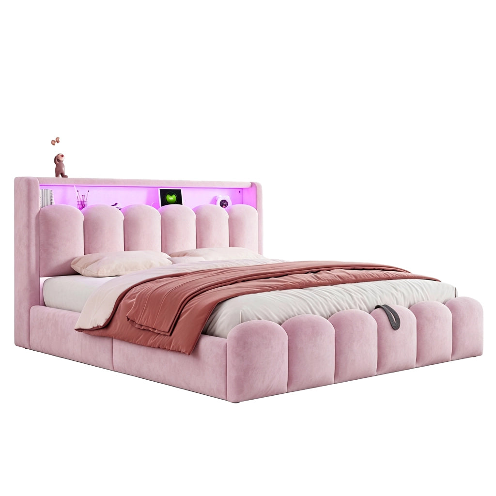 Letto matrimoniale imbottito 180x200 in velluto rosa con contenitore idraulico; LED e prese USB Type-C