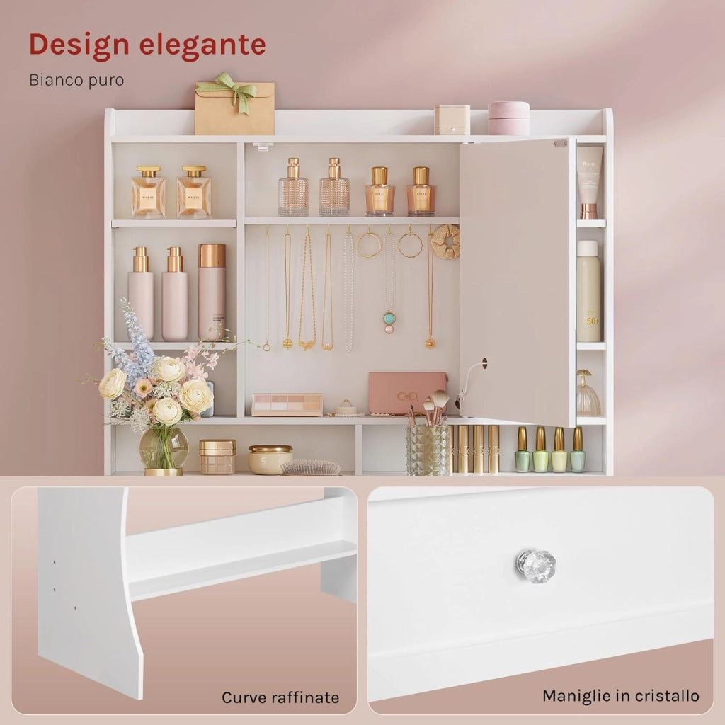 Toeletta Trucco con Specchio e Luce, Illuminazione Regolabile in 3 Colori, Postazione Trucco con 2 Cassetti, 8 Scomparti Aperti e Armadietto, per Camera da Letto, Cabina Armadio, Bianco