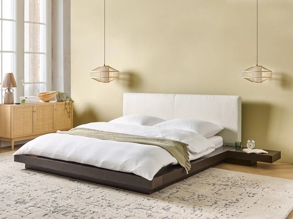 Letto in stile giapponese in frassino scuro 160 x 200 cm testata bassa bouclé con impiallacciatura camera da letto