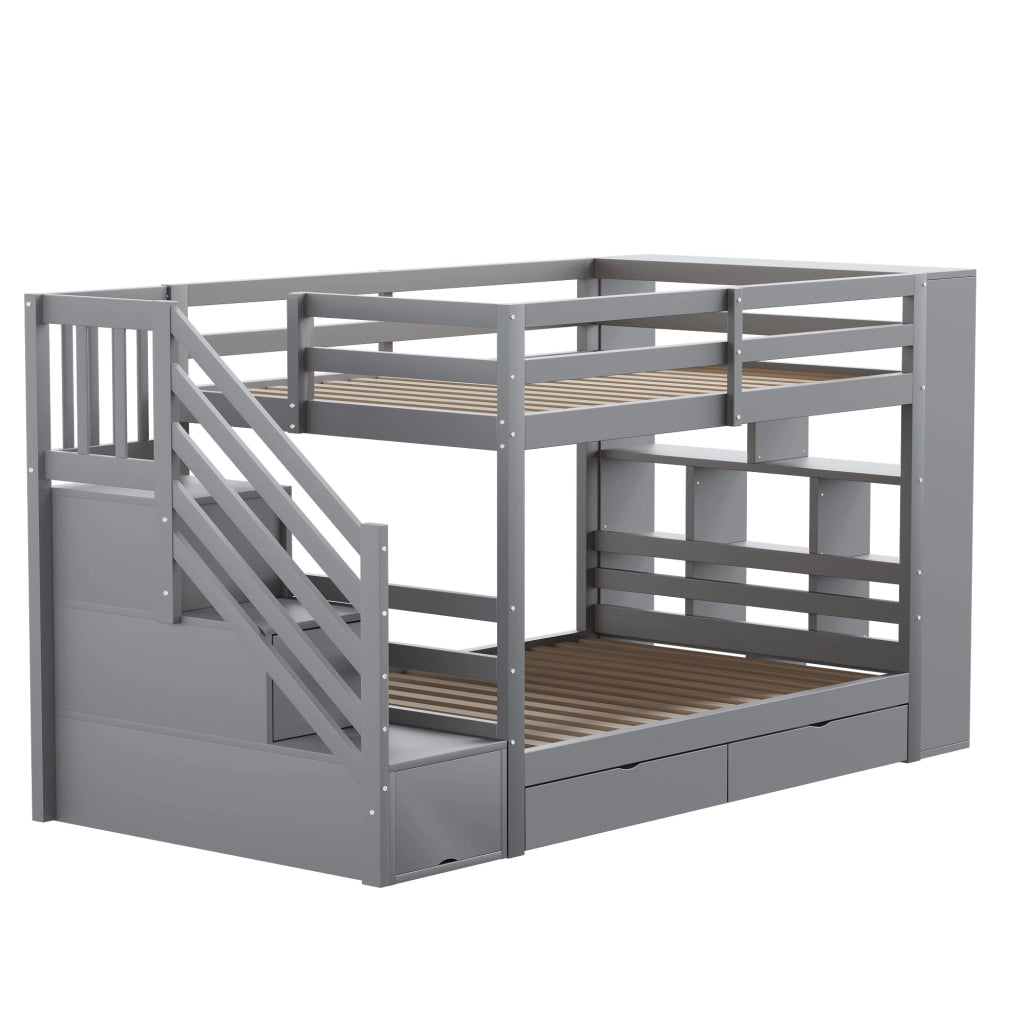 Letto a Castello 90x200 cm; Letto Singolo con Cassetti e Armadi; Scaletta; Grigio
