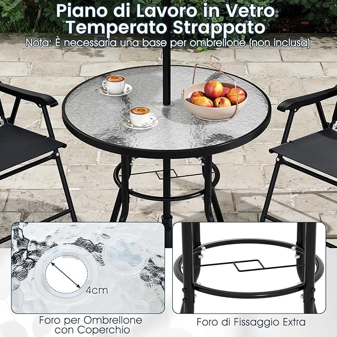 Set da Pranzo da Giardino a 6 Pezzi con Ombrellone, Tavolo e Sedie da Esterno con 4 Poltrone Pieghevoli e Tavolo Rotondo in Vetro Temperato per Giardino, Terrazza, Prato e Cortile