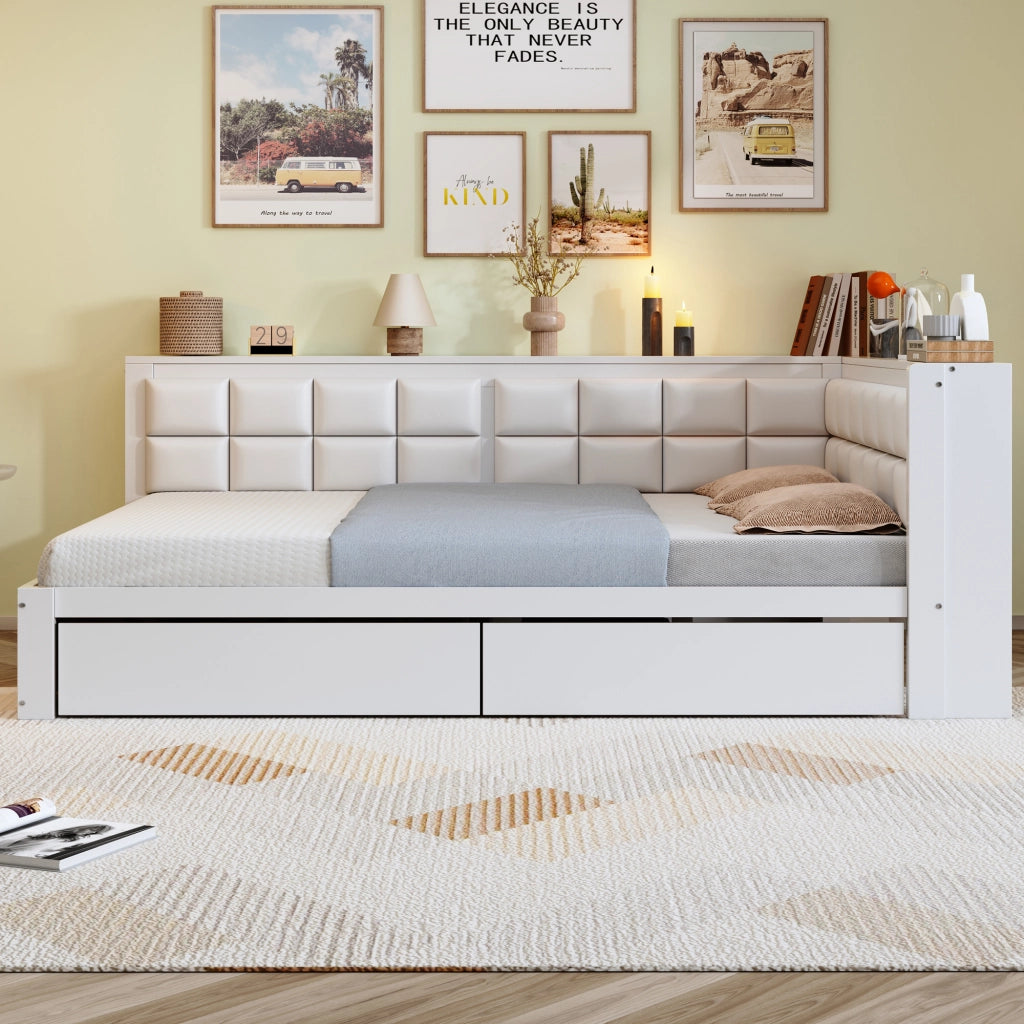 Letto salvaspazio una piazza e mezza 140×200 cm con 2 cassetti; testiera morbida e rete; senza materasso; legno bianco