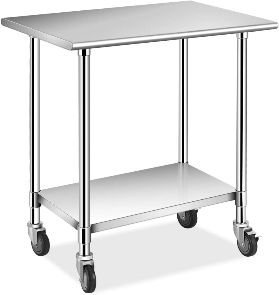 Tavolino da Lavoro, Banco da Lavoro, Tavolo in metallo con Ruote, Tavolo da Cucina in Acciaio, Ideale per Supermercato, Ristorante e Negozio, Elevata Capacità di Carico, Argento