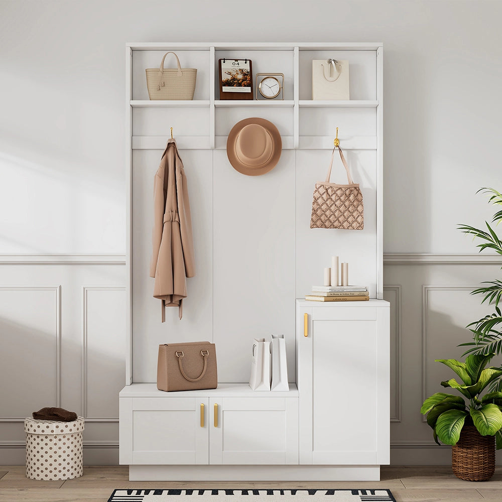 Vestiaire con panchina e ripiani - Xylo - H200xL120xP40cm - Bianco - Multifunzionale con 3 ganci