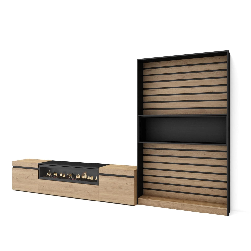 Mobile TV, Soggiorno, 310x35x186cm, Per TV fino a 80", Camino elettrico, colore Rovere e nero RF2864