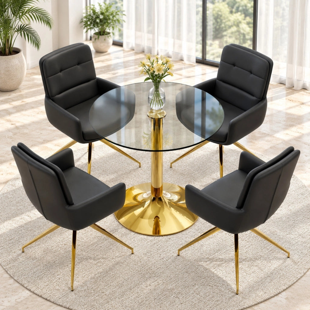 Set tavolo e sedie da pranzo 85 cm vetro temperato nero e oro per 4 persone