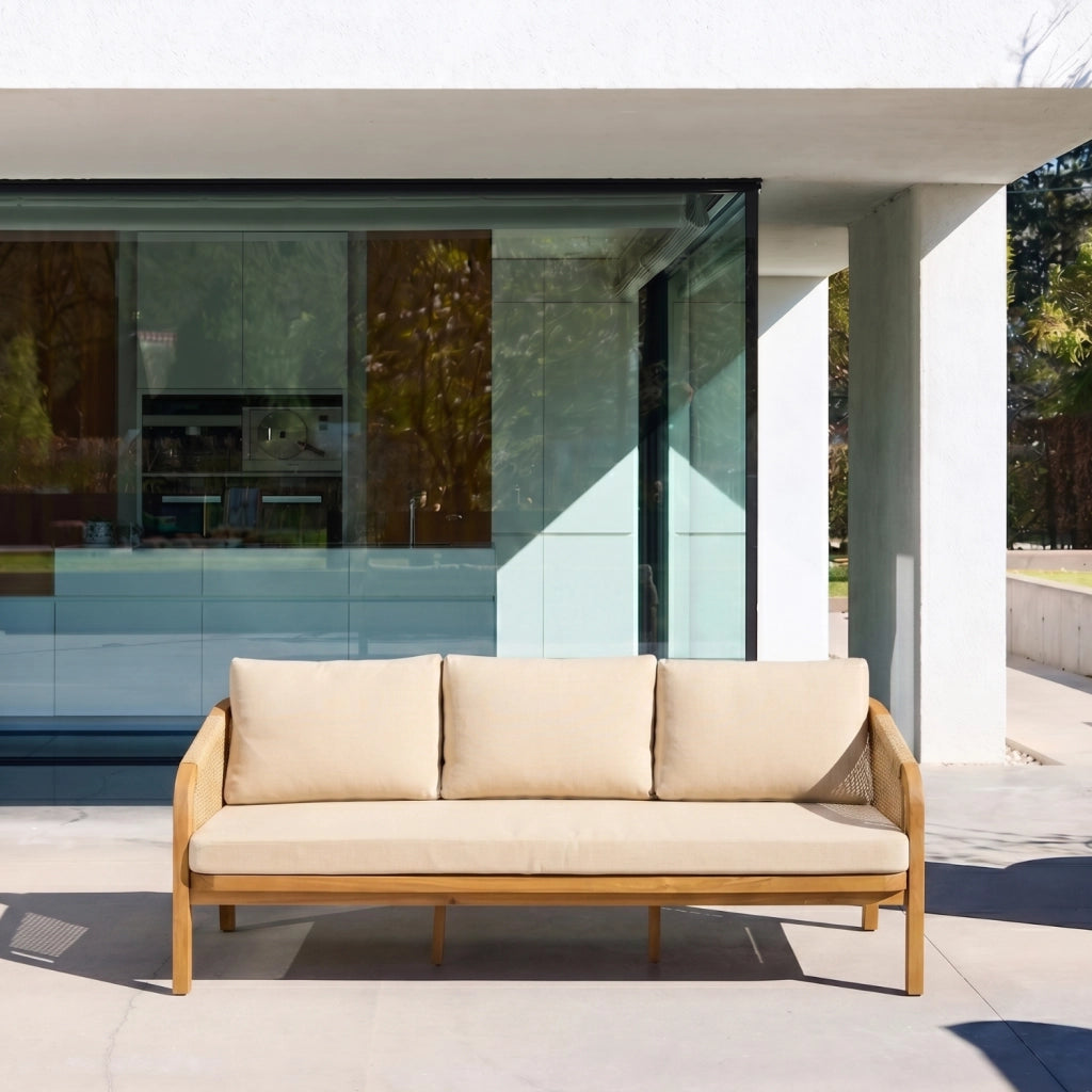 Divano da esterno in legno di acacia e corde, 3 posti, beige