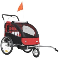 Rimorchio per Bicicletta per Bambini 2 in 1 con Cintura di Sicurezza a 5 Punti, Riflettori, Bandiera e Tendina Antivento, Rosso