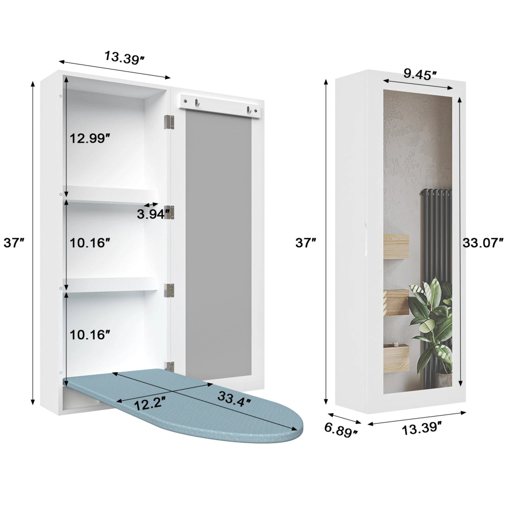 Mobile da parete con asse da stiro integrata e specchio; MDF bianco 103×44;5×24;5 cm