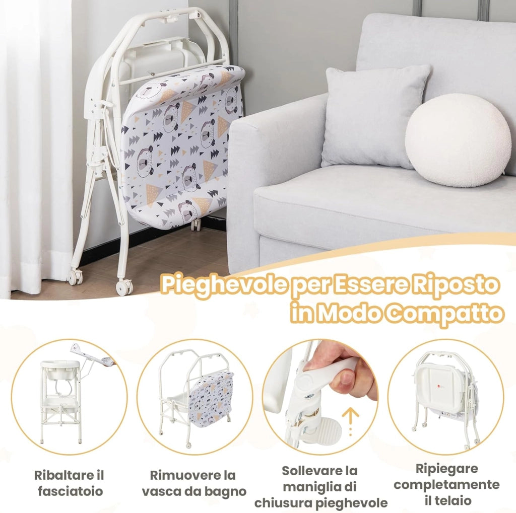 Fasciatoio con Vaschetta Bagnetto 2 in 1, Vasca da Bagno Pieghevole per Bambini, Fasciatoio con Materassino, Cestino Portaoggetti, Ruote con Freno, Portata 35kg+15kg (Bianco)