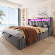 Letto matrimoniale con contenitore 180x200 cm in velluto grigio; testiera ribaltabile con LED e prese USB
