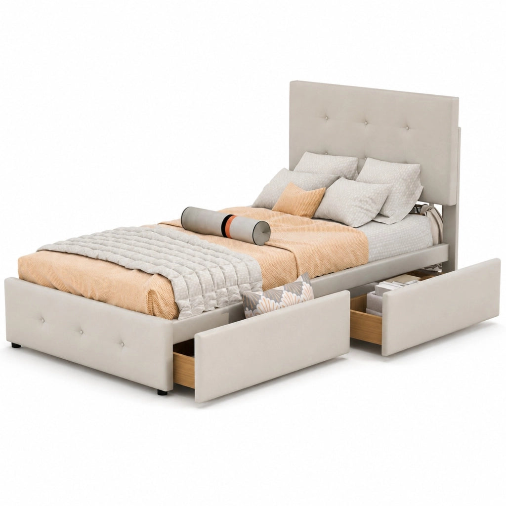 Letto imbottito 90x200 cm con rete a doghe e cassetto contenitore; velluto beige